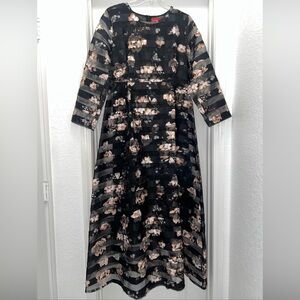 Hong Fa Elegant Black Floral Striped Midi Dress Size 52 (Fits L/XL) Long Sleeve
